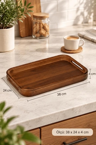 Akasya Ahşap Kulplu Servis Tepsisi 38x24x4 Cm - Dikdörtgen Kahvaltı Ve Kahve Sunum Tepsisi Çok Renkli