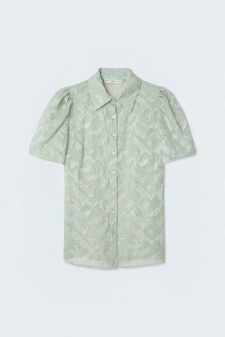 Sateen Nakışlı Kısa Kollu Gömlek - Mint-137756