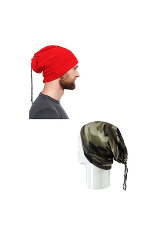 2 Adet Polar Ipli Bere Ve Boyunluk Kırmızı Ve Yeşil Kamuflaj Unisex Bere Boyunluk
