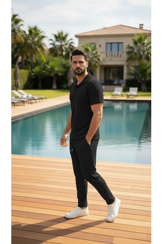 Fifty Color Unisex Trend Bürümcük Krinkıl Kumaş Yazlık Likralı Kısa Kol Tişört Eşofman Takım Siyah