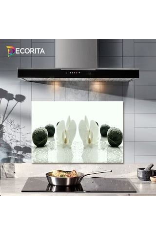 Decorıta Cam Ocak Arkası Koruyucu | Beyaz Orkide Siyah Oniks