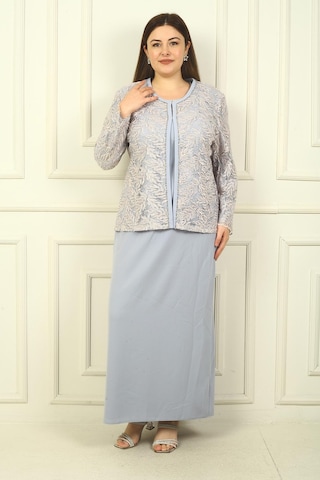 Yakası Boncuk Nakışlı Uzun Elbise Boncuk Pul Nakışlı Ceket Astarlı Büyük Beden 2'li Takım-38925 Gri
