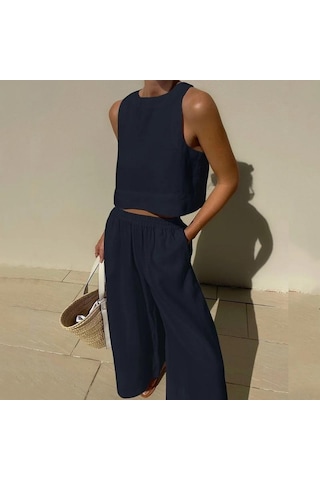 Rahat Yaz Iki Parçalı Set Kolsuz Kıyafetler O Boyun Üstleri Ve Gevşek Geniş Bacak Pantolon Seti Kadın Katı 2 Parça Takım Elbise Giysileri 27723 Lacivert