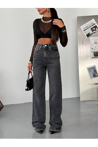 Herton Kadın Antrasit Yüksek Bel Wide Leg Jean Pantolon - %100 Pamuk Denim Koyu Gri
