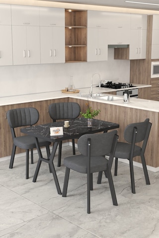 Gnr 70x110cm Sabit Siyah Mutfak Masası Takımı, Yemek Masası, 4 Modern Antrasit Sandalye Antrasit