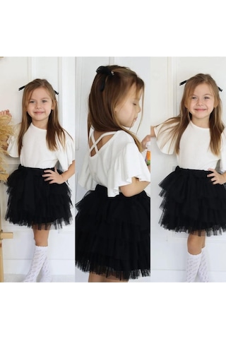Miniko Kids Kız Çocuk 23 Nisan Tül Etekli Kısa Kol İkili Takım Siyah