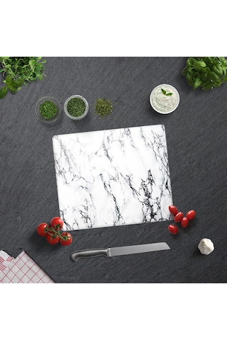 Decorita Beyaz Mermer Görünümlü Cam Kesme Tablası 29 x 34 CM