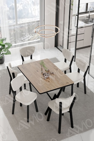 Avvio Dora Elma Sandalye 80x140 Yemek Masası Mutfak Masası 6 Kişilik Masa Sandalye Takım Akça