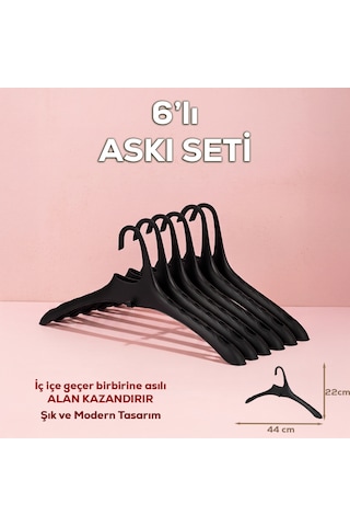 Porsima Harmoni 6 Adet Dolap Içi Düzenleyici Organizer İç İçe Geçen Askı Tişört Gömlek Elbise Askısı Siyah