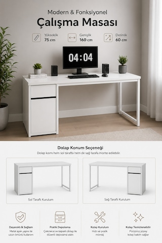 Beyaz Çekmeceli Kapaklı 160 Cm Çalışma Masası, Bilgisayar Masası, Ofis Masası, Metal Ayaklı, Raflı, Kesonlu