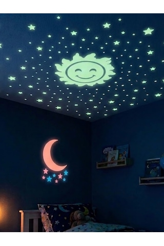 Mucit Home Güneş Ay Figürlü Renkli Yıldızlı Fosforlu Duvar Süsü Gece Parlayan Fosfor