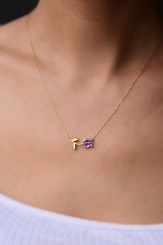 Papatya Silver 925 Ayar Gümüş Gold Kaplama Mor Taşlı Lale Kolye