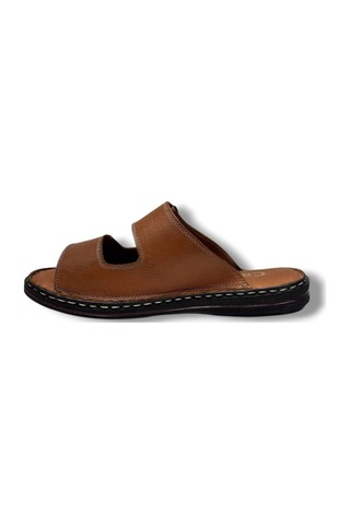 Cakgo 182-26 Hakiki Deri Ultra Soft Çift Bant Cırtlı Anatomik Erkek Terlik 40-47 Taba