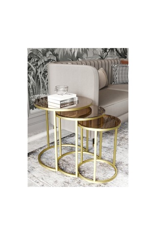 Milas C Zigon Sehpa Gold Eskitme Rengi Bronz Cam Pirinç Eskitme