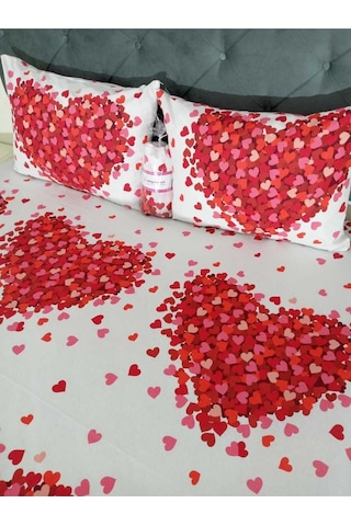 Çift Kişilik Lastikli Çarşaf Takımı - Kırmızı Kalpli Kırmızı