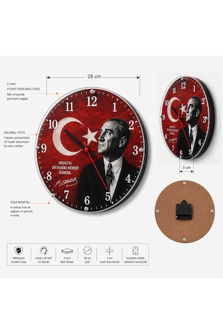 Atatürk Ve Türk Bayrağı Temalı 28 Cm Dekoratif Duvar Saati Ev Ofis Okul Duvar Saati