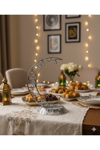 28 Cm Ramazan Dekoratif Masa Üstü Hilal Gümüş Plastik Tabanlı Süs Diğer