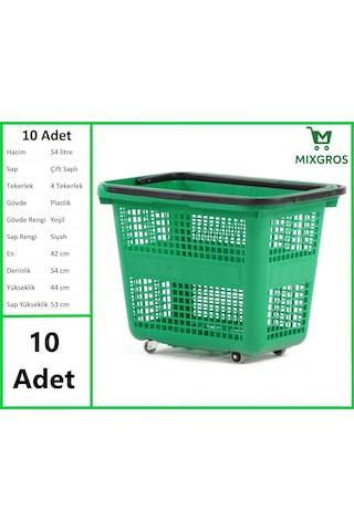 Tekerlekli Plastik Market Alışveriş El Sepeti 54 Litre Yeşil 10 Adet