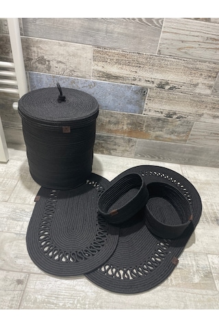 Banyo Takımı ,banyo Seti ,kirli Sepeti ,paspas Takımı ,oval Sepet ,çamaşır Sepeti ,dekor Banyoseti Siyah-trikotlu Siyah