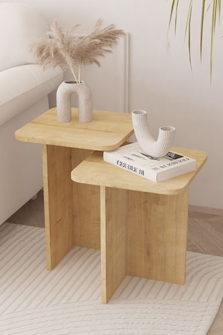 Kare Zigon Sehpa Takımı, 2 Li Set, Yan Sehpa - Safir Meşe
