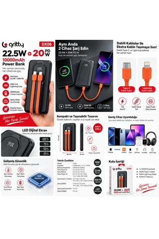 Dx06 10000mah 22.5w + 20w Pd Hızlı Şarj Powerbank Siyah