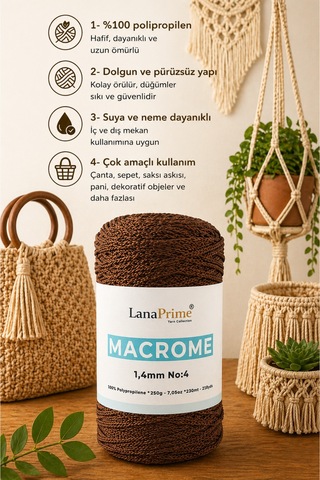Lanaprime Makrome Örgü İpi 1,4mm 230mt Çanta İpi 200gr Polipropilen - Kahve