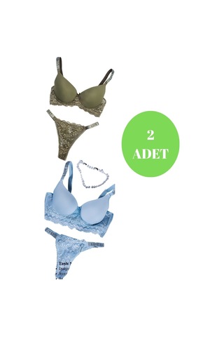 Murays Kadın 2 Li Taşlı Sütyen Takım Haki - Mavi