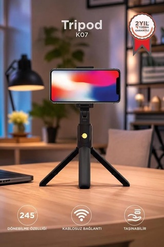 Premium Mobil Araç Çekim Aleti K07 Siyah Tripod Kumandalı Mini Selfie Çubuğu