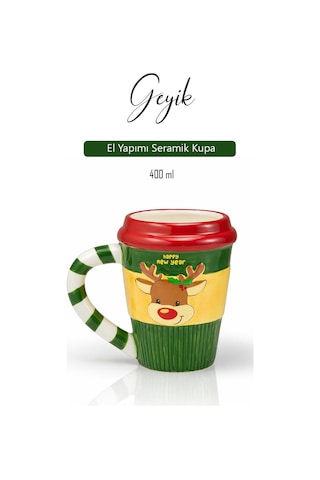 Yılbaşı Temalı El Yapımı Geyik Kupa, Hediyelik Kupa, Mug, 400 Ml Beyaz