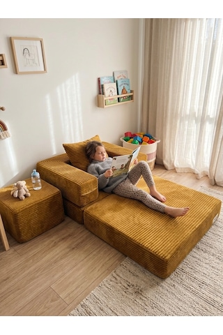 Premium Koyu Gri Fitilli Kadife Modüler Çocuk Koltuğu Ve Puf Seti - Bebek Dinlenme Koltuğu Hardal