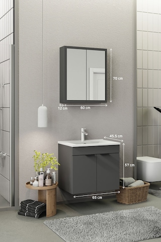 Biani Fix Loft 65 Cm Banyo Dolabı,Seramik Lavabolu, Aynalı,Lavabo Dahil,Mdf,Mat Gri