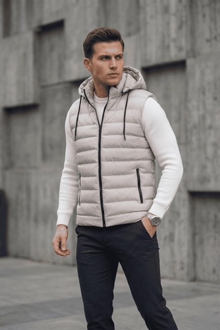 Yelly Slim Fit Fermuarlı Cep Detaylı Erkek Şişme Yelek - Çıkarılabilir Kapüşonlu & Astarlı Gri