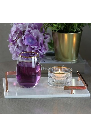 Akayev Mermer Beyaz Rose Gold L Dizayn 30x20 Cm Tepsi