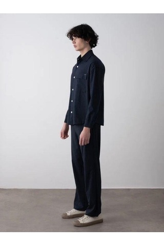 Erkek Teenage Oversize Çizgili Gömlek Pantolon Takım-15545 Lacivert