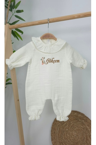 Gros Shop Müslin Yeni Doğan 4katlı Organik %100pamuk Kişiye Özgü Nakışlı Hastane Çıkış Seti Ördek Model-1 Ekru