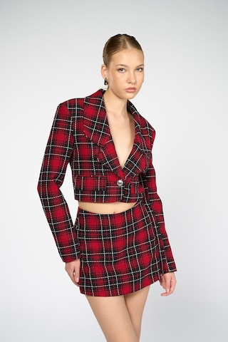 Kadın Kırmızı Ekoseli Crop Blazer Kırmızı