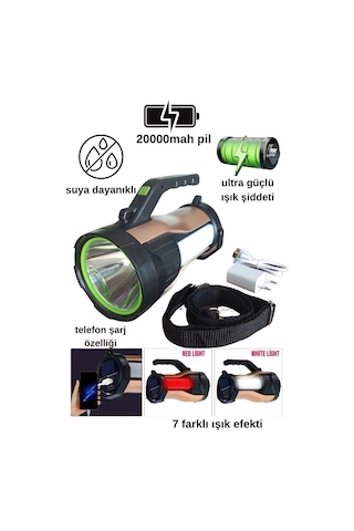 Ultra Güçlü 7 Farklı Moda Sahip Güneş Enerjili Powerbank Özellikli El Feneri T96