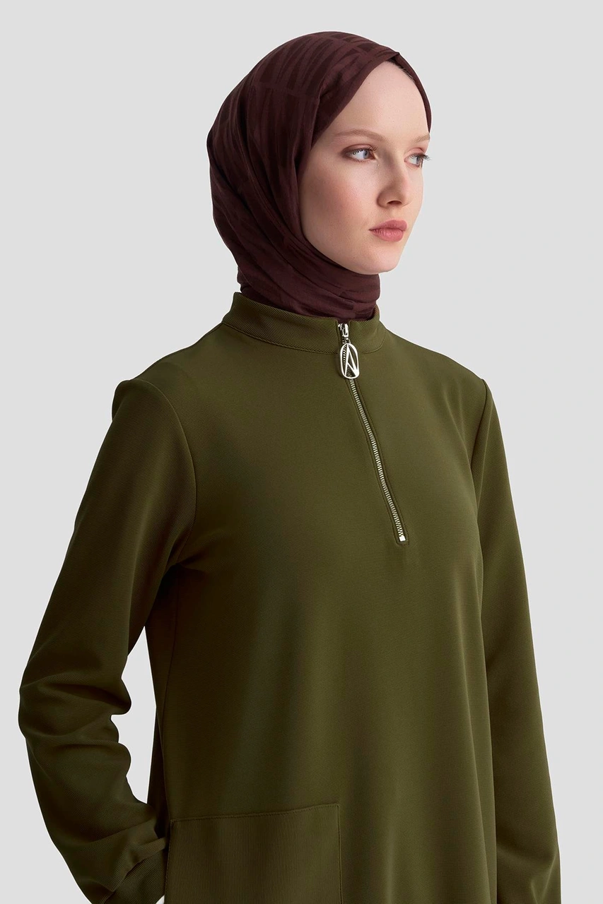 Armine Trend Kolları Ribanalı Yarım Fermuarlı Tunik Yağ Yeşili 25kt443 Yağ Yeşili