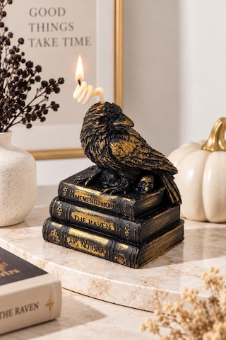 Gotik Kuzgun Tasarım Mum - Kitap Kurukafa Kaideli Siyah Gold Halloween Obje Altın - Siyah