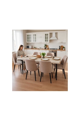 Efe Mobilya T-6032 Traverten Açılır 80x130 Kare Gold Cappucino 6 Kişilik Yemek Masası Takımı