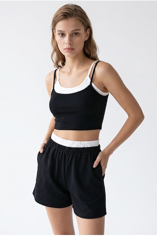 Mixray 2151 Kadın Biye Detaylı Askılı Crop Top Şort Takım Siyah