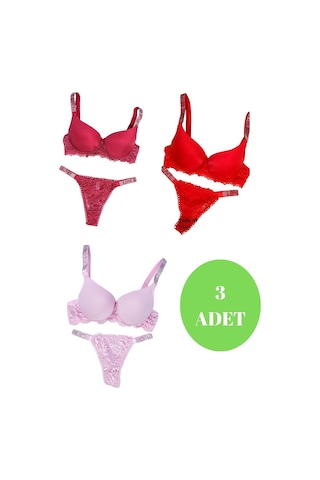 Murays Kadın 3lü Taşlı Mikro Sütyen Takım Bordo/kırmızı/pembe