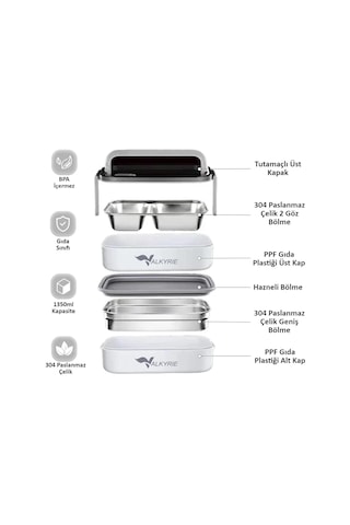Valkyrie 1350 Ml Termal Yemek Kabı Seti Çelik Bölmeli Sızdırmaz Lunch Box + Isı Yalıtımlı Çanta Beyaz - Gri