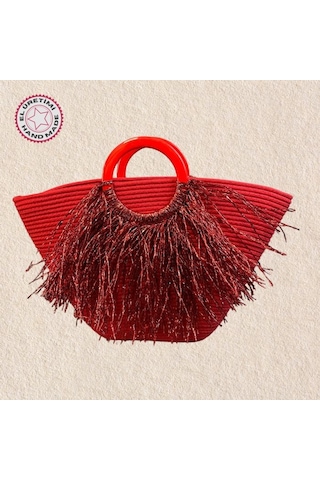 Uretti - Ayşe 4723 3884 El Yapımı Tress İp Yuvarlak Saplı Metalik İp Püskül Detaylı Plaj Çantası - Kırmızı Kırmızı