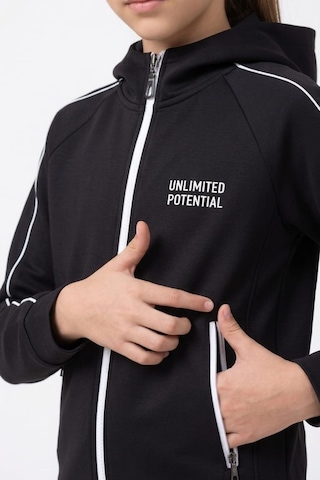Pina Kids Kız Çocuk Unlimited Şeritli Kapüşonlu Düz Paça Reglan Kol Dalgıç Kumaş Eşofman Takımı Esf7013 siyah