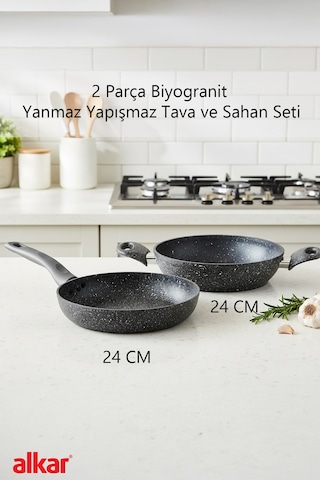 2 Parça 24 Cm Bio Granit Sahan Ve Tava Seti Yanmaz Yapışmaz, Sağlıklı Ve Dayanıklı Kullanım Gri