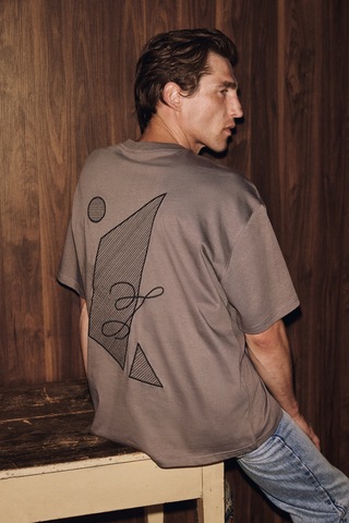 Grimelange Asela Erkek Ön Ve Arkası Nakış Detaylı Kısa Kollu Gri T-shirt
