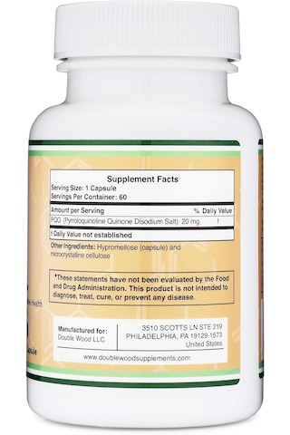 Double Wood Pqq Pyrroloquinoline Quinone Atp Coenzyme Energy Brain Optimizer And Sleep Support 20mg 60 Caps