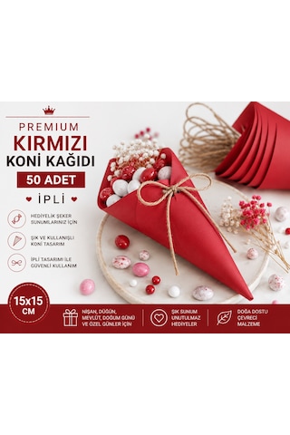 Premium Kırmızı Koni Kağıdı 50 Adet İpli Hediyelik İkram Ve Şeker Sunum Külahı