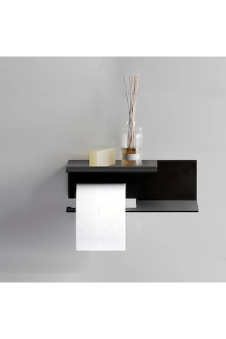 Çift Katlı Metal Tuvalet Kağıdı Tutucu Raflı, Duvara Monte, Siyah Banyo Kağıtlık Siyah